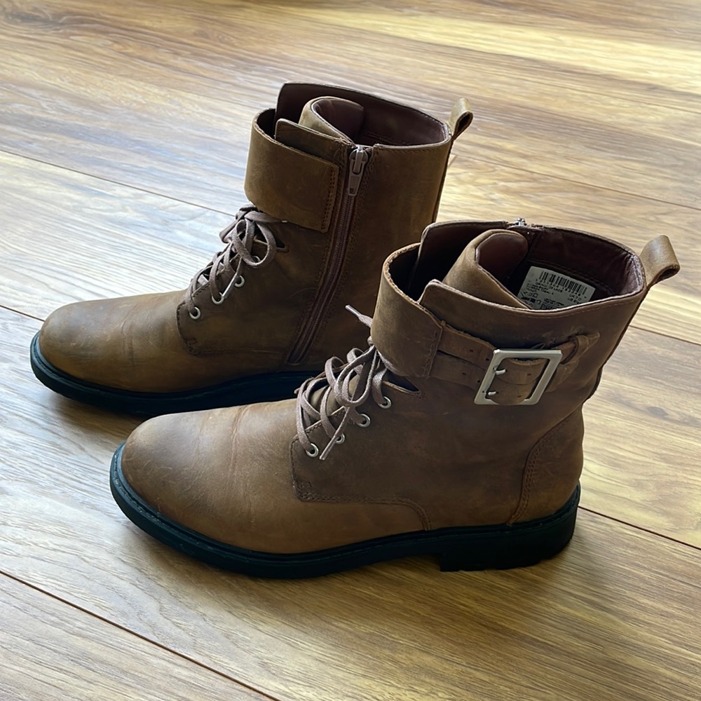 Clarks Brown Leather Combat Boots with Buckle
